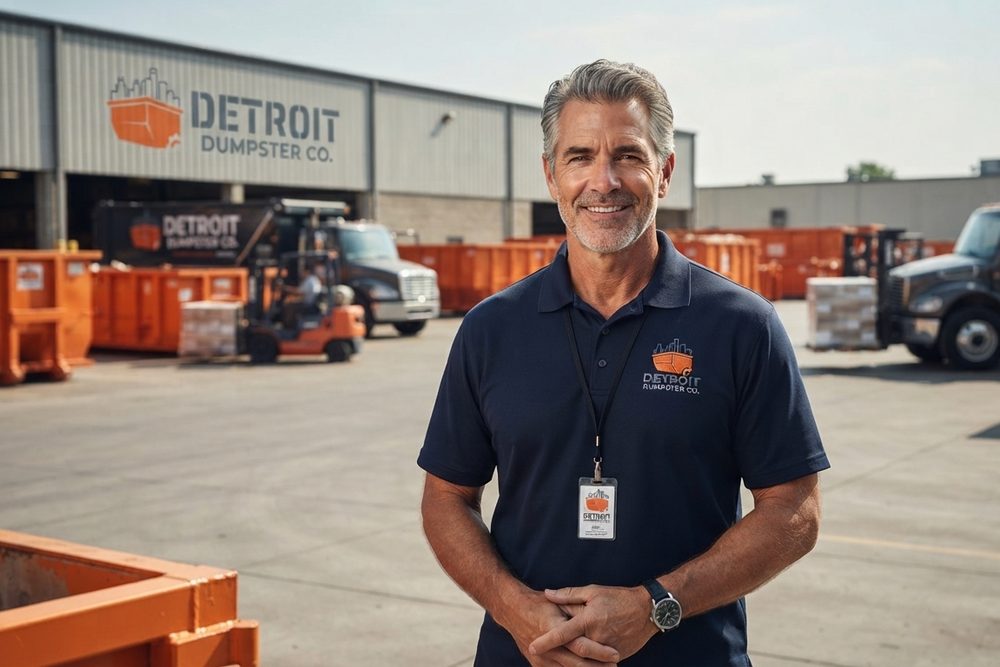 Detroit Dumpster Co yard in Detroit with roll-off dumpsters and trucks